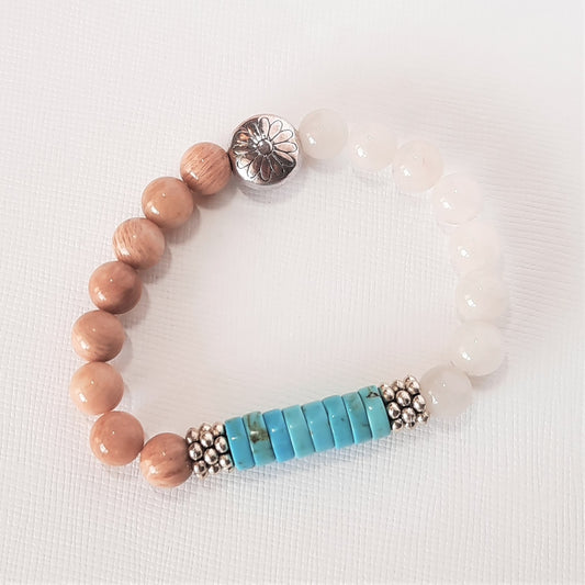 Turquoise, Peach Moonstone, White Quartz w/ Silver Accents, Bracelet