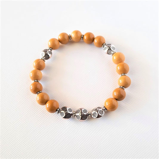 Mookaite Yellow Gemstone, Hill Tribe Style Silver Bead With Flower Design Bracelet