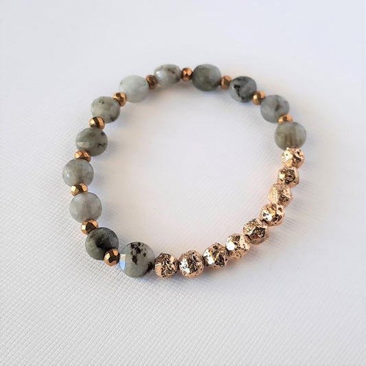 Gray Labradorite Faceted Gemstones Accented With Gold Plated Quartz & Lava Beads