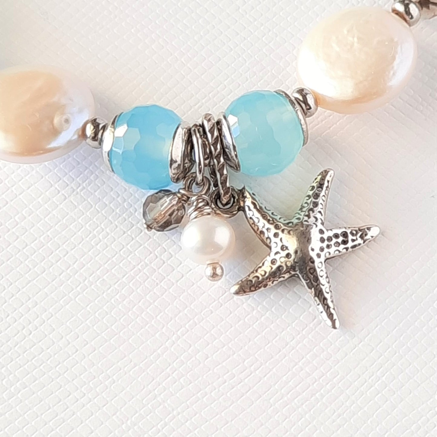 Aqua Chalcedony, Coin Pearl and Smoky Topaz Starfish Charm Bracelet