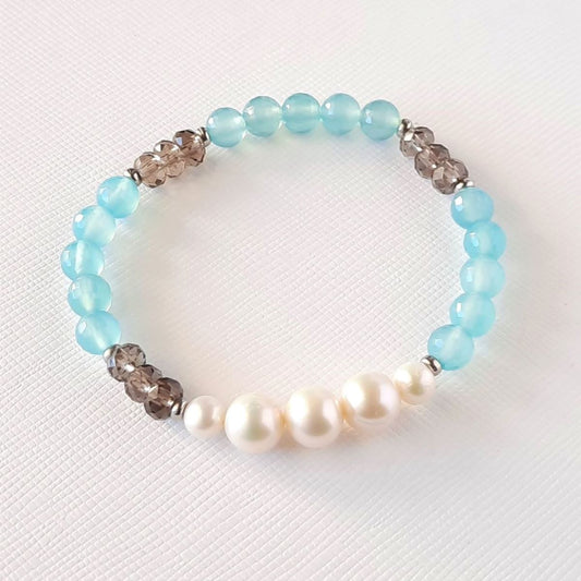 Aqua Chalcedony, Freshwater Pearls and Smoky Topaz Bracelet