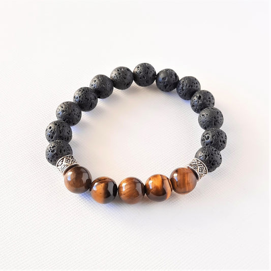 Men's Tigers Eye Gemstone and Lava Stone Bracelet