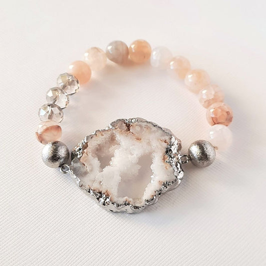 Druzy Collection - Natural White Druzy and Crackle Agate with White, Peach and Grey Tones, Bracelet