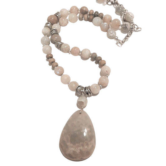 Coral Jade Pendant & Moonstone Necklace