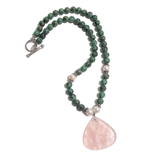 Turquoise and Cultured Pearl Necklace with Rose Quartz Pendant