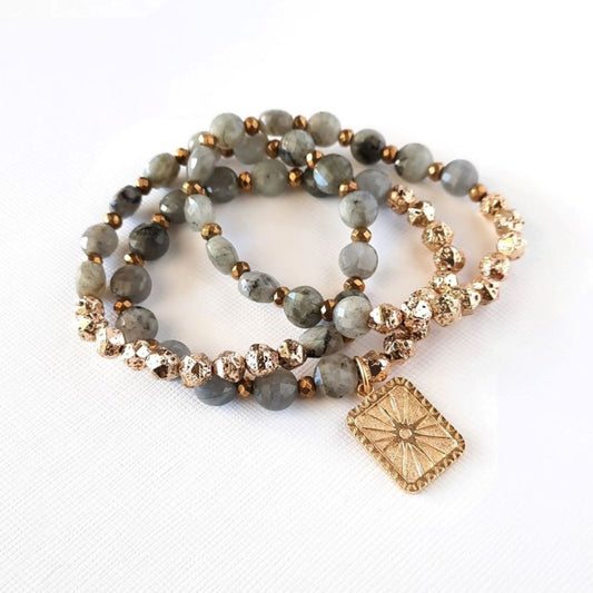 Gray Labradorite with Gold Accents and 10K Gold Plated Sunburst Charm Bracelet Set