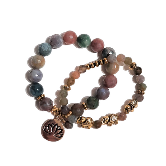 Fancy Jasper, Gold Accents Bracelet: Lotus Flower Coin Charm or Elephant Bead