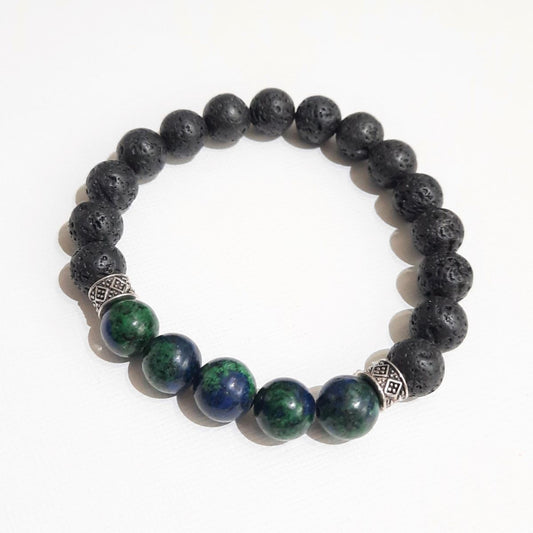 Men's Azurite Malachite, Lava Stone Bracelet, Blue/Green Gemstone Bracelet