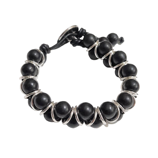 Men's Black Buffalo, Matte Black Jasper, Sterling Silver, Leather Bracelet