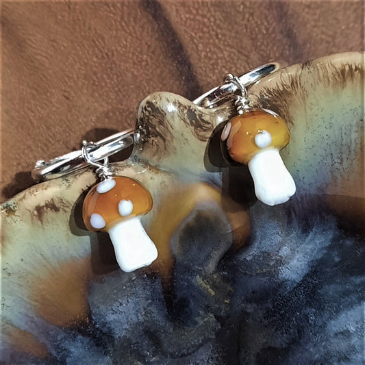 Cute As A Button Mushroom, Sterling Silver Hoop Earrings, Hand Blown Glass Mushroom Earrings