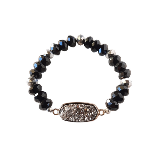 Druzy Collection - Titanium Druzy, Onyx Rondels & Metallic Glass Beaded Bracelet