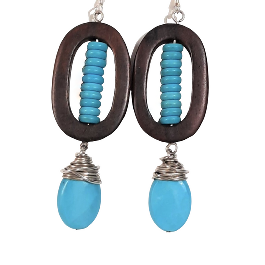 Turquoise and Wood Statement Earrings, Boho Chic, Handmade