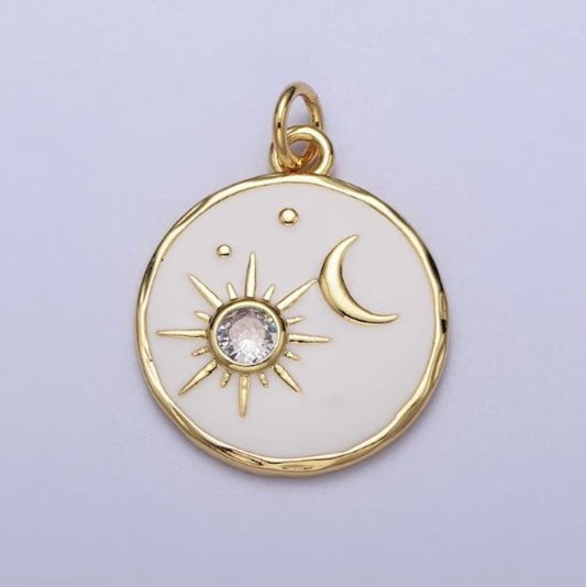 Charm: 14K Gold Filled, White Enamel Sun and Crescent Moon, Charm