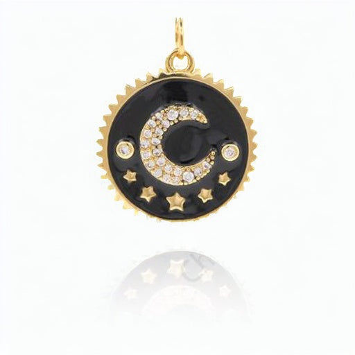 Charm: Black Enamel, Crescent, Moon & Stars, Charm, 18K Gold Filled, 0.75x0.75"